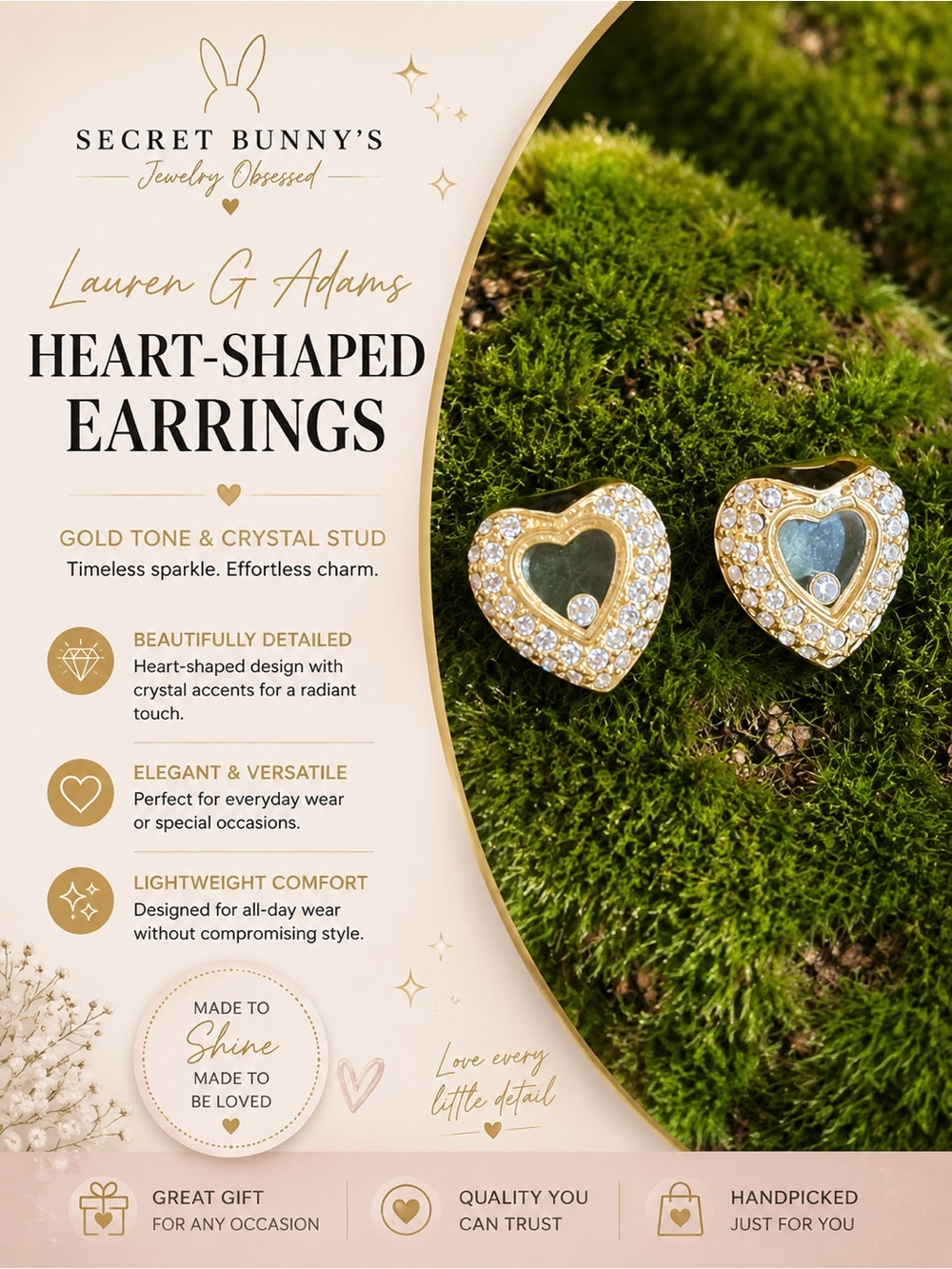 Lauren G Adams Heart-Shaped Gold Tone and Crystal Stud Earrings